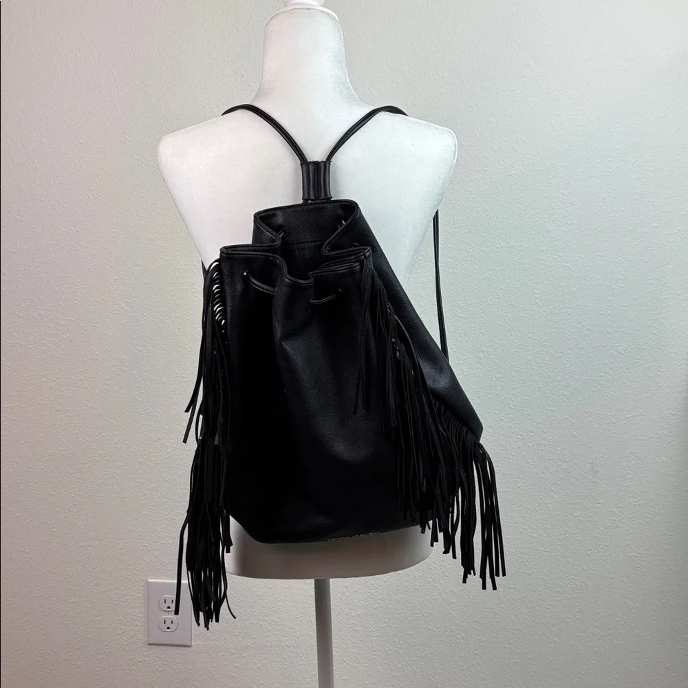 Victoria's Secret Black faux leather boho fringe bag backpack drawstring tote - Picture 4 of 13